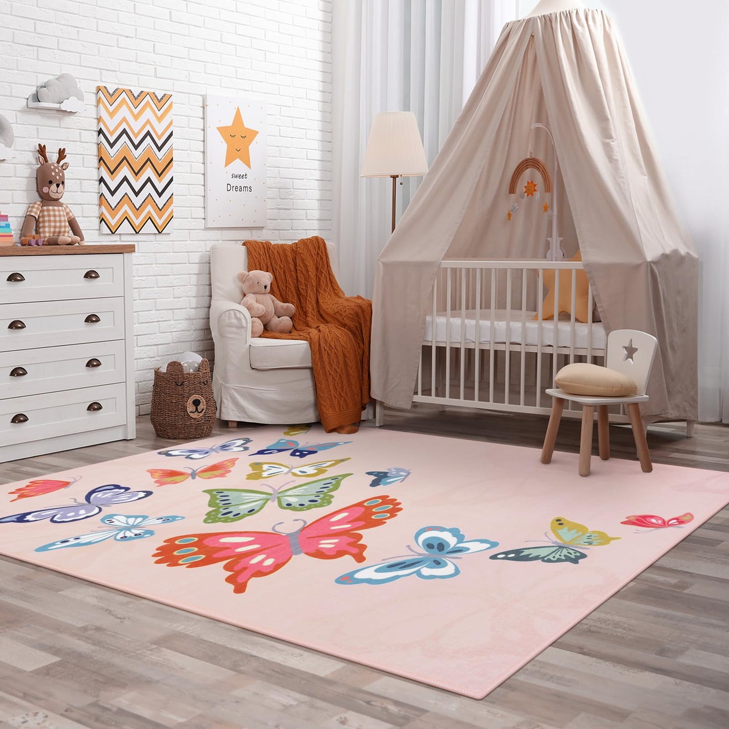 STARUIA Washable Pink Rugs for Girls Bedroom, 5x7 Soft Butterfly Rug Kids Rugs for Playroom Nursery, Non Slip Baby Toddler Carpet for Kids Room Daycare Tent Dorm Castle Indoor Decor