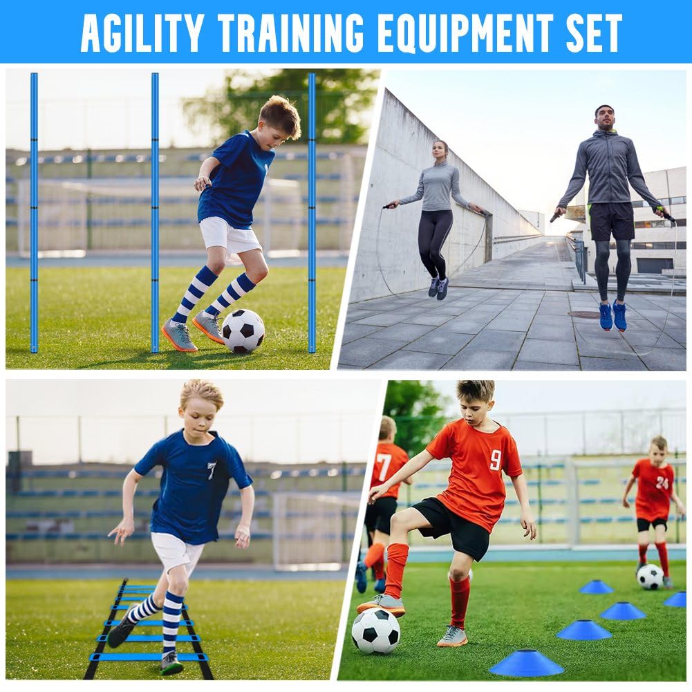 YGORTECH Soccer Agility Training Equipment, Includes 20ft Agility Ladder, 6 Adjustable Agility Poles, 10 Disc Cones, Jump Rope-Speed Training Set for Soccer Football Basketball Athletes Blue