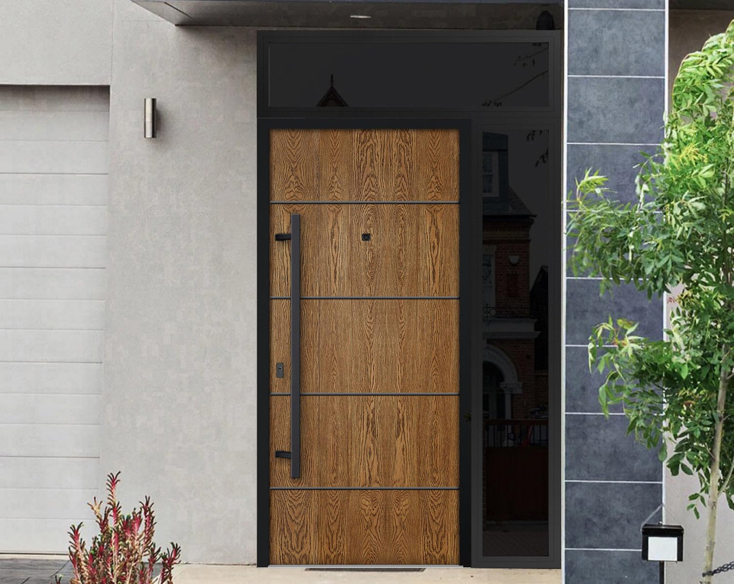 VDOMDOORS Front Exterior Prehung Steel Door/Deux 6683 Natural Oak/Side and Top Exterior Window Sidelite/Entry Metal Modern Painted W36+16" x H80+16" Right Hand Inswing