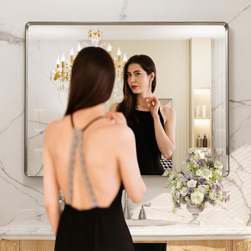 LOAAO Brushed Nickel Bathroom Mirror - 48x36 Inch Rounded Rectangle Design | Anti-Rust, Shatter-Proof, Versatile Hanging Options