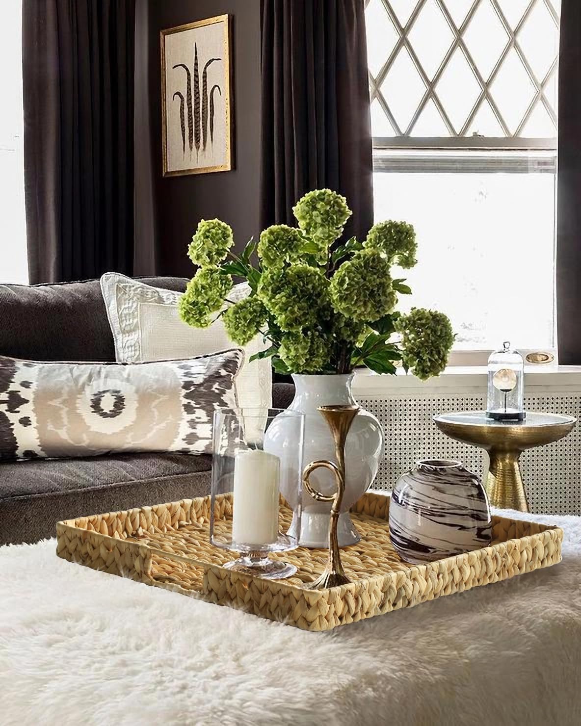 Extra Large Square Ottoman Table Tray 19.7" with Handles - Handmade Wicker Serving Hand Woven Tray for Farmhouse Decorative Oversized Coffee Table Trays Living Room Kitchen Counter Breakfast