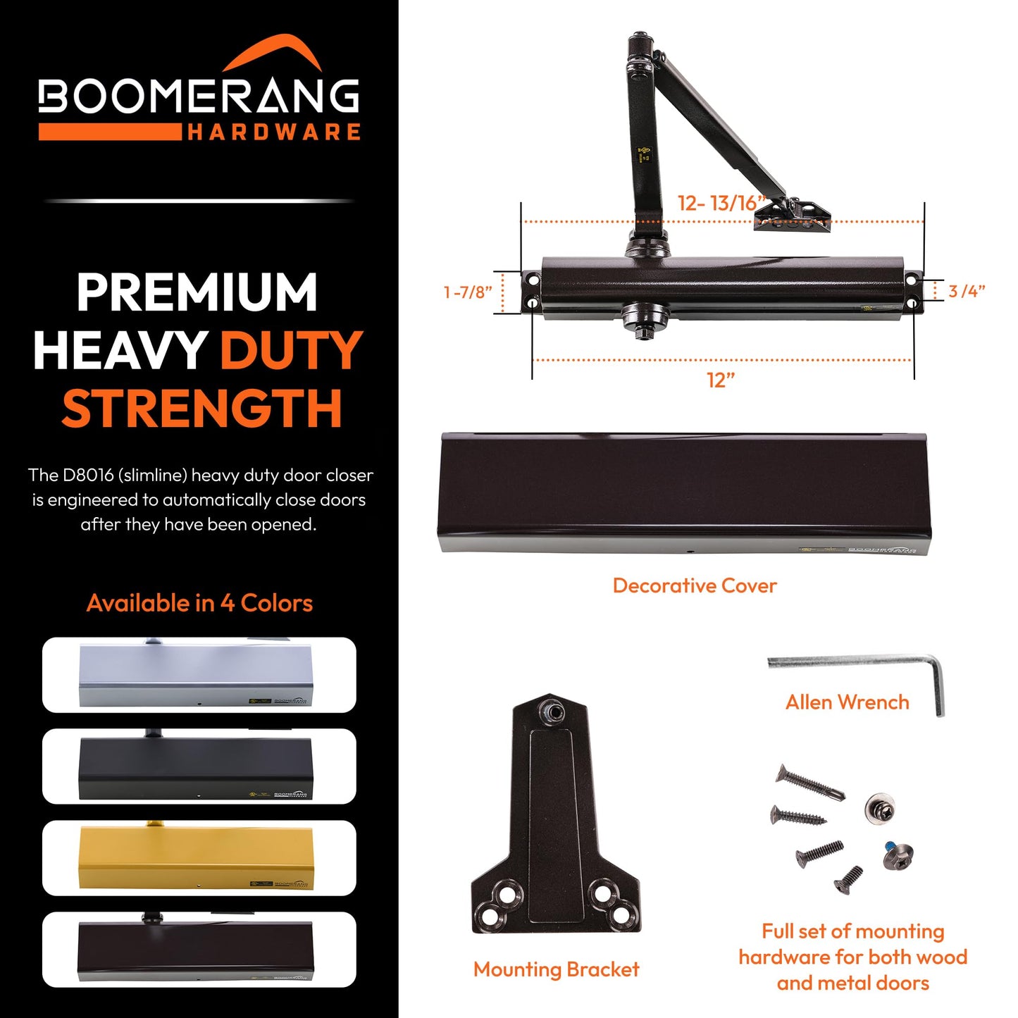 Boomerang Heavy Duty Designer Automatic Commercial Door Closer - D8016-Surface Mounted, Grade 1, Cast Aluminum, UL 3 Hour Fire Rated & ADA for high Traffic doorways, Dark Bronze (US10B)