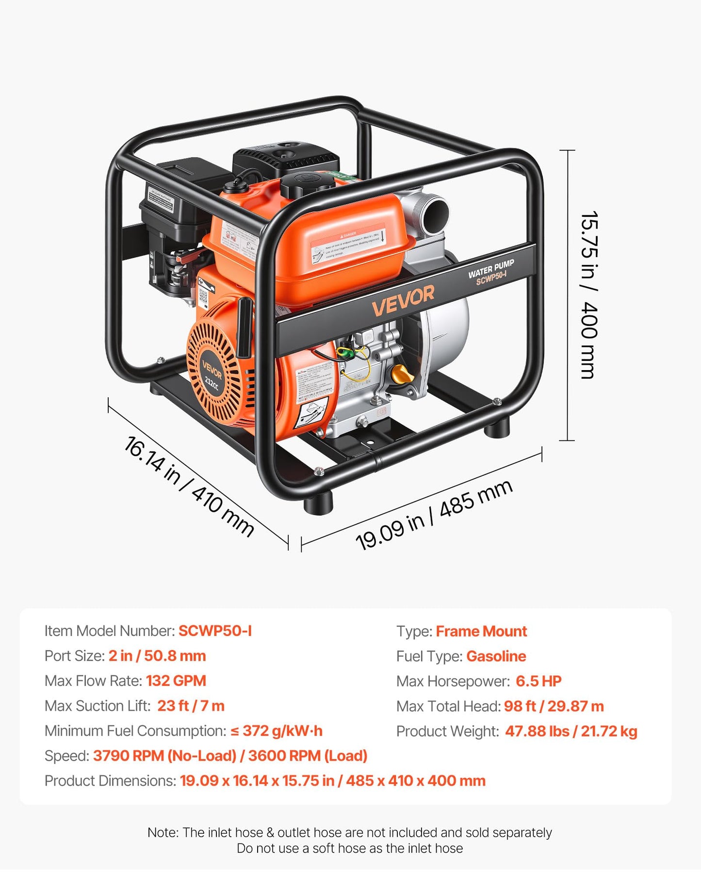 VEVOR Gas Powered Water Pump, 2 in, 132 GPM 6.5HP Semi Trash Water Transfer Pump Portable, Gasoline Engine with 25 ft Discharge Hose, Heavy Duty Frame, Cast Iron Impeller, for Irrigation, Ponds, Pools