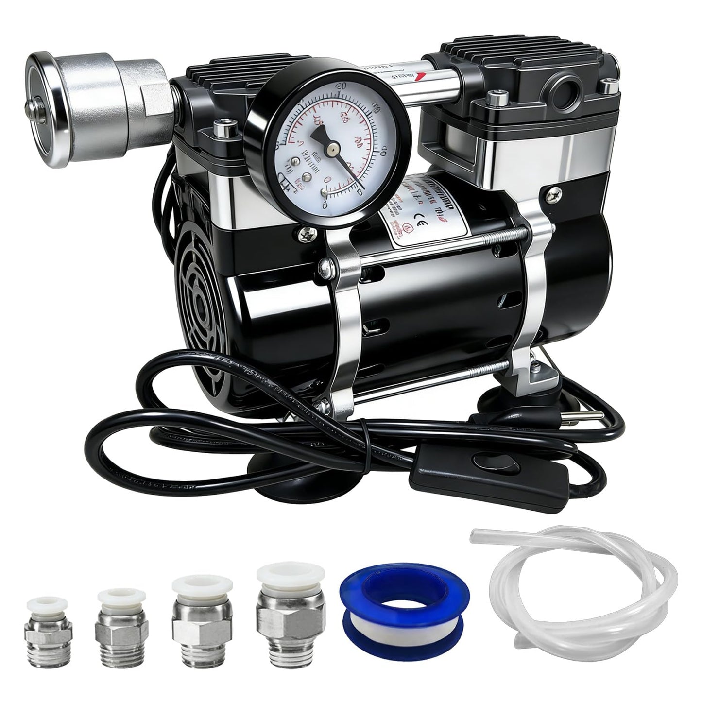 Oilless Vacuum Pump 50 L/Min, 180W Electric Vacuum Pump with Switch & Vacuum Gauge, Low-Noise Aluminum Silencer, 4 Hose Connectors, for Laboratory, Electronics & DIY Use
