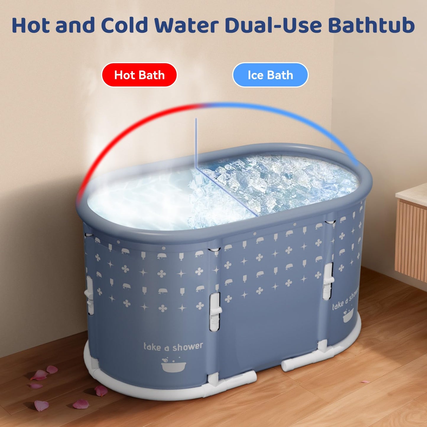 HLCZLUZ Portable Bathtub, Foldable Bathtub No Installation, Freestanding Shower Bathtubs with Cushion, Collapsible SPA Soaking Bath Tub, Hot & Ice Bath Tub for Indoor Outdoor (Water Pattern Blue)