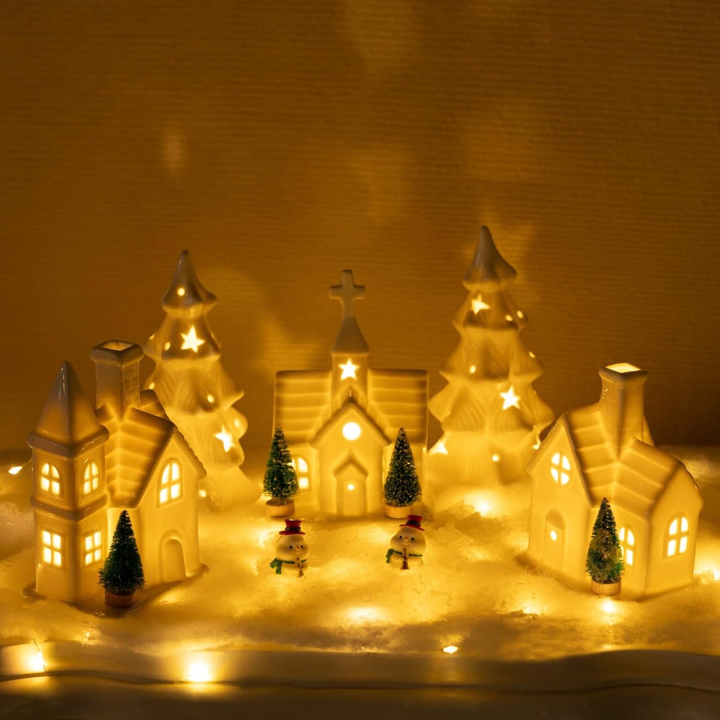 Skiennix Christmas Village Set - 11 Pcs Ceramic Decor with 3 Lighted Houses & Trees | Festive Tabletop Display