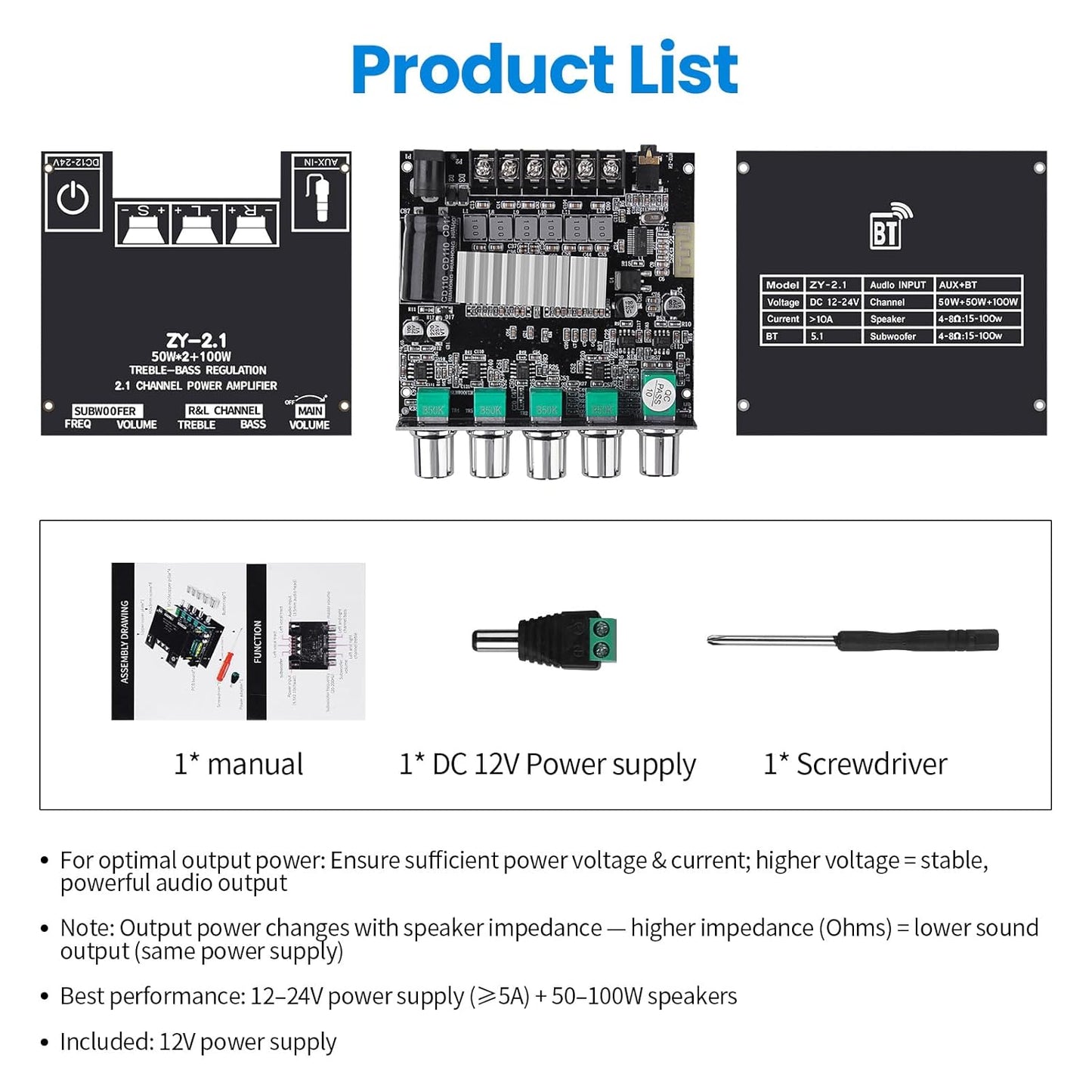 ZY-2.1 2.1CH 50W 2 +100W 5.1 Bluetooth Audio Amplifier Board, x Subwoofer Power Amp with Treble and Bass Control