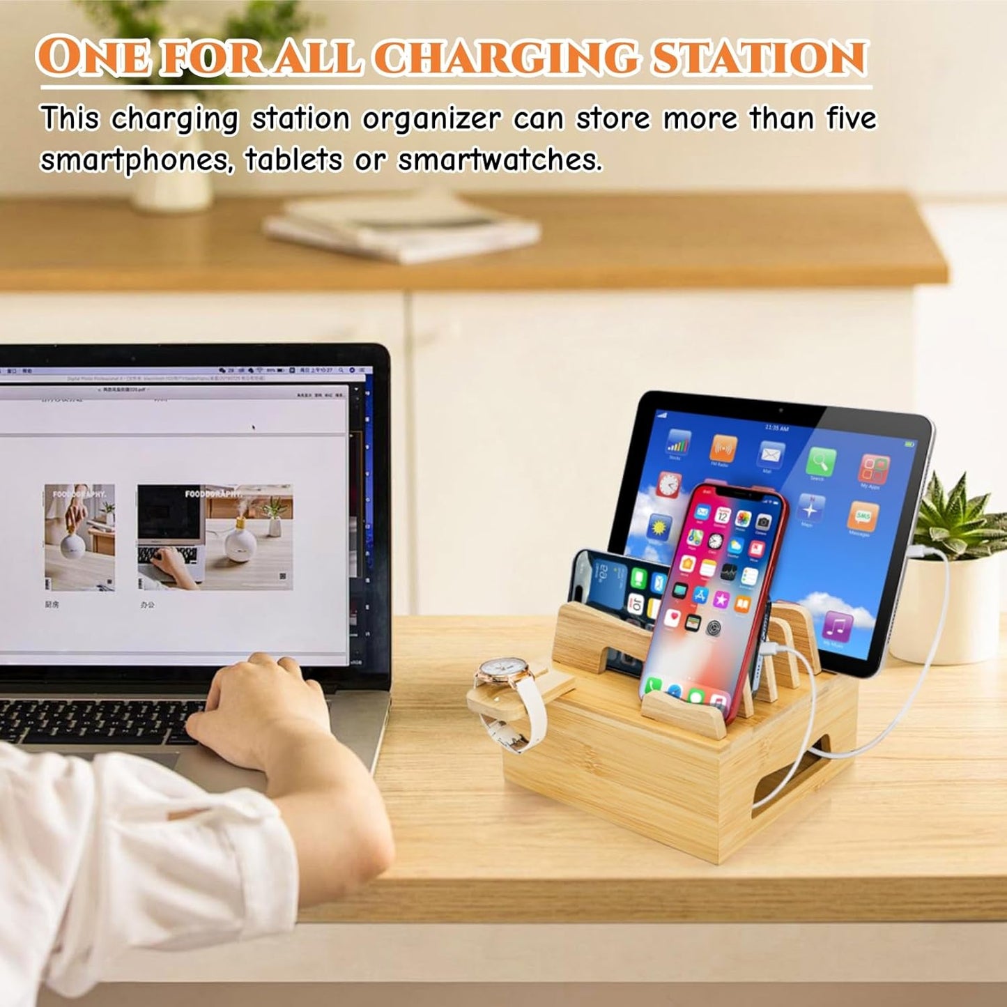 Acshio Bamboo Charging Station for Multi Devices, Small Desktop Docking Stand, Cell Phone Docking Station Charger