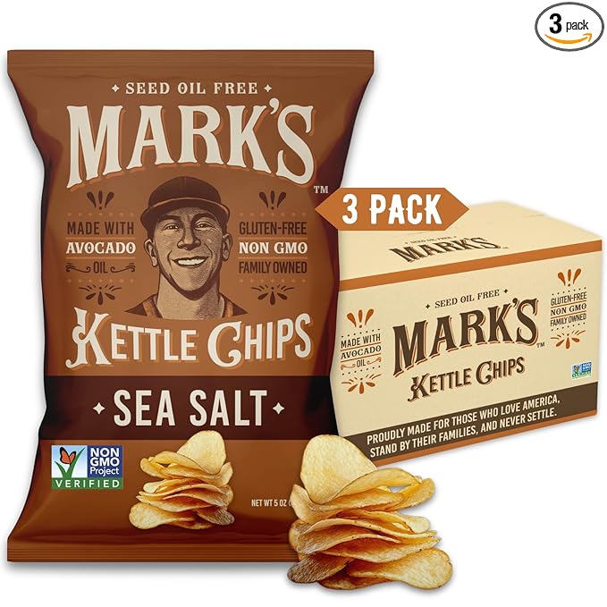 MARK’S Kettle Cooked Avocado Oil Potato Chips, Sea Salt – Seed Oil & GMO Free | Sea Salt, 5 oz (Pack of 3) | Gluten Free, Non-GMO Chips for Clean & Healthy Snacking