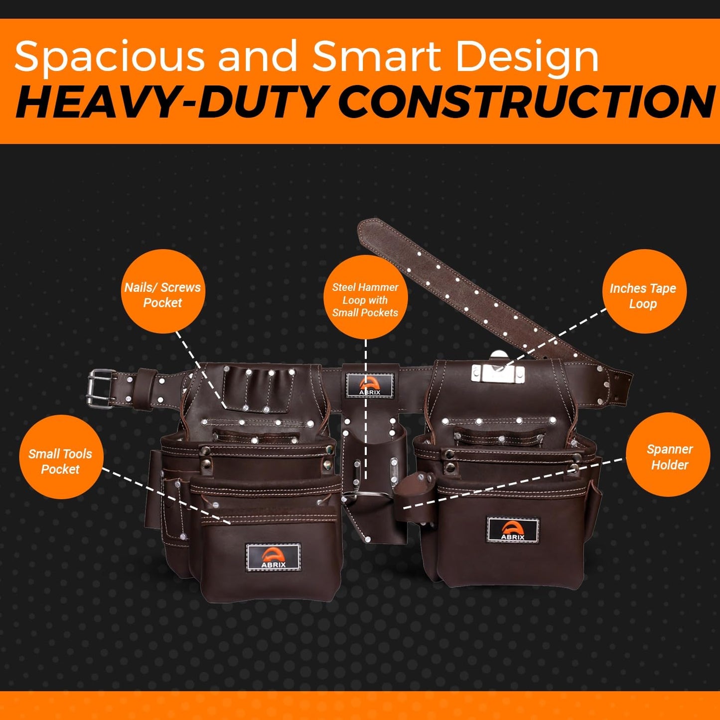 ABRIX Heavy Duty Tool Belt for Men – 4MM Thick Genuine Leather, Brass Buckle & Rivets | Foam Padded Comfort | 28-Pocket Carpenter & Framing Rig | Fits Waist 32 to 52 Inches | Professional Work Belt