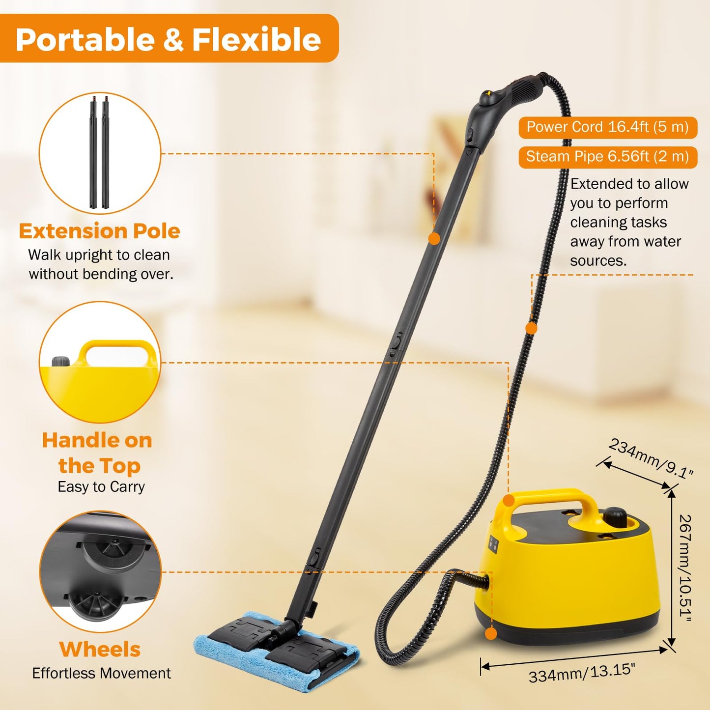 BEAMNOVA 1.5L Yellow Steam Cleaner Electric Household Steamer with Roller + BEAMNOVA Steam Cleaner for Car Detailing 1.2L (41oz) Water Tank