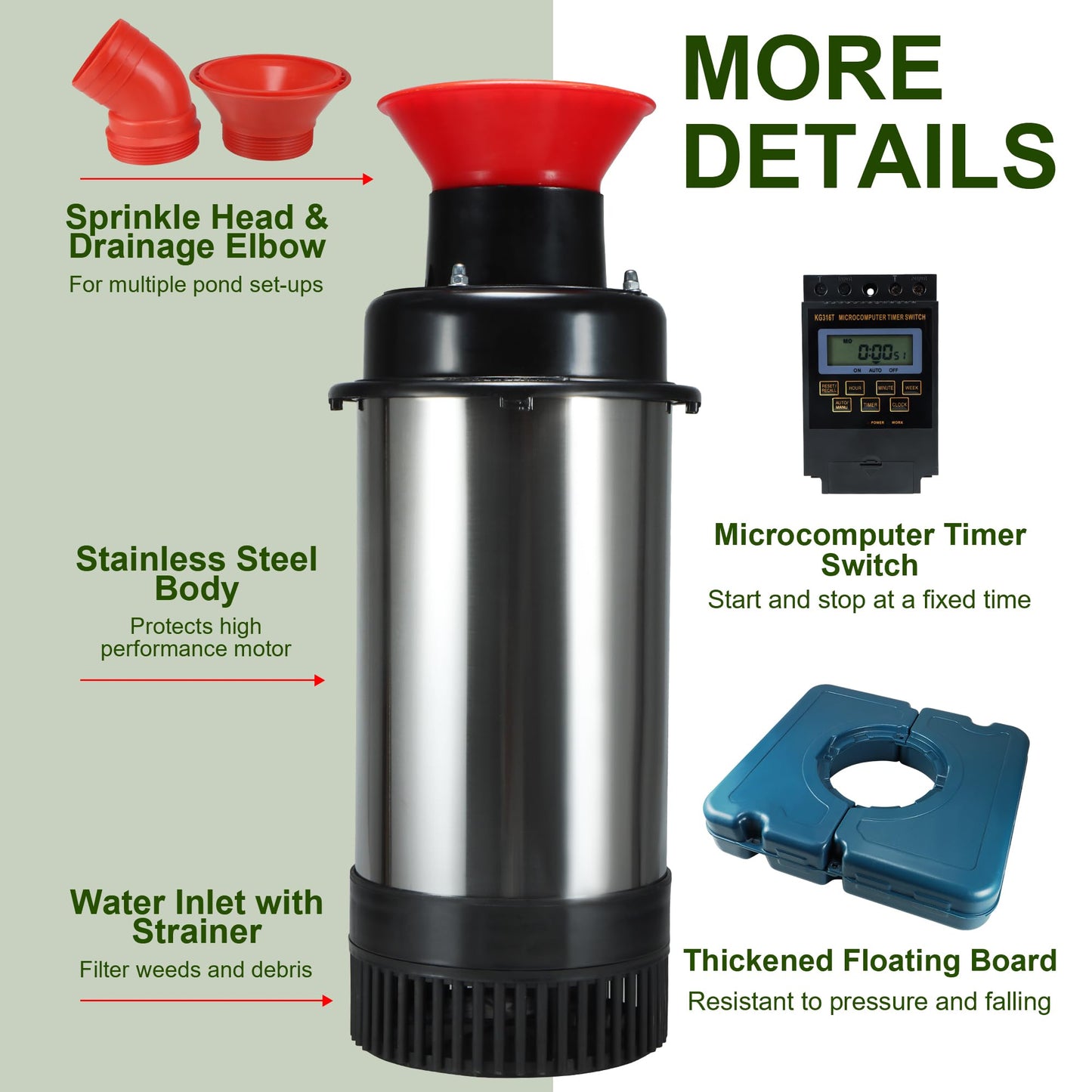 XXK Pond Fountain Aerator, AS2 1HP 750W 15000GPH 110V High Flow Floating Water Fountain Pump With 100ft Power Cord, Stainless Steel Body Aerating Fountains Cascade for Large Small Pond Lake