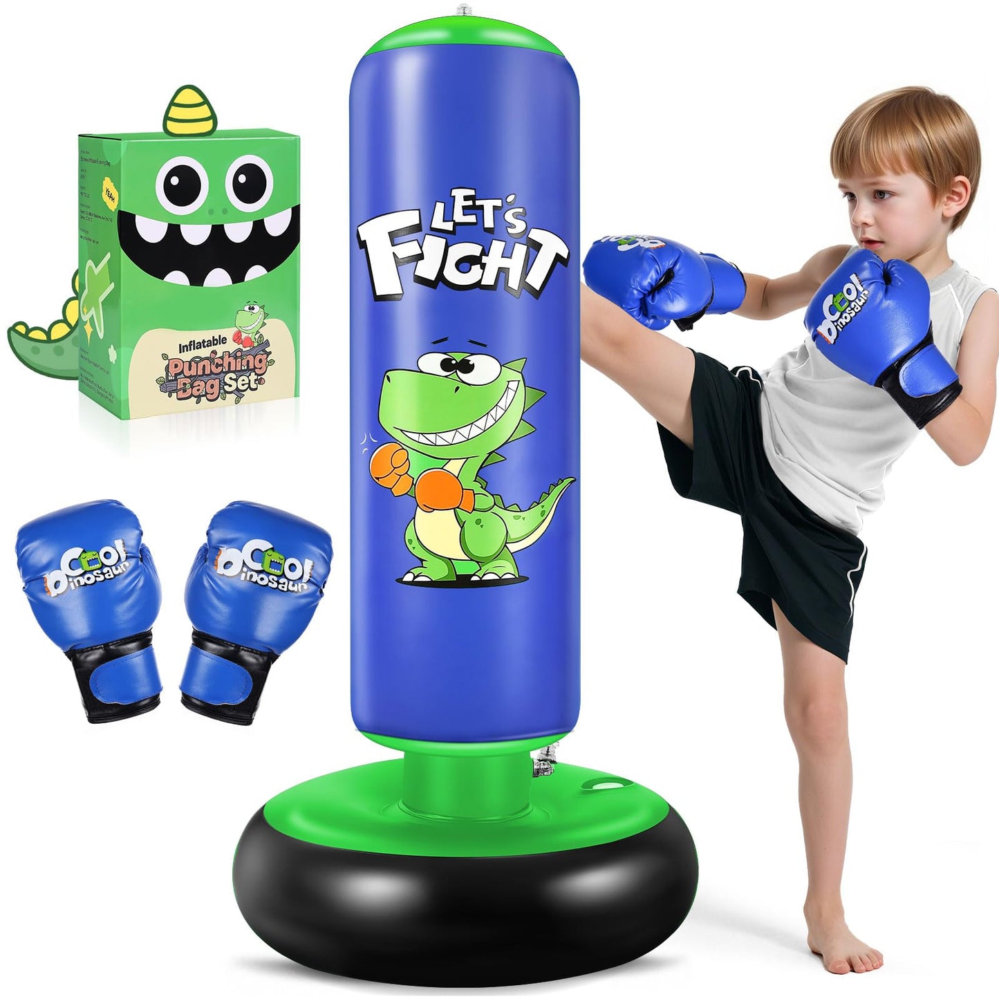 Inflatable Punching Bag, 48" Inflatable Boxing Bag for Kids with Boxing Gloves for 3-8 Kids, Stable Boxing Set for Practicing Karate, Taekwondo,Dinosaur Toy & Gifts for Boys (Blue)