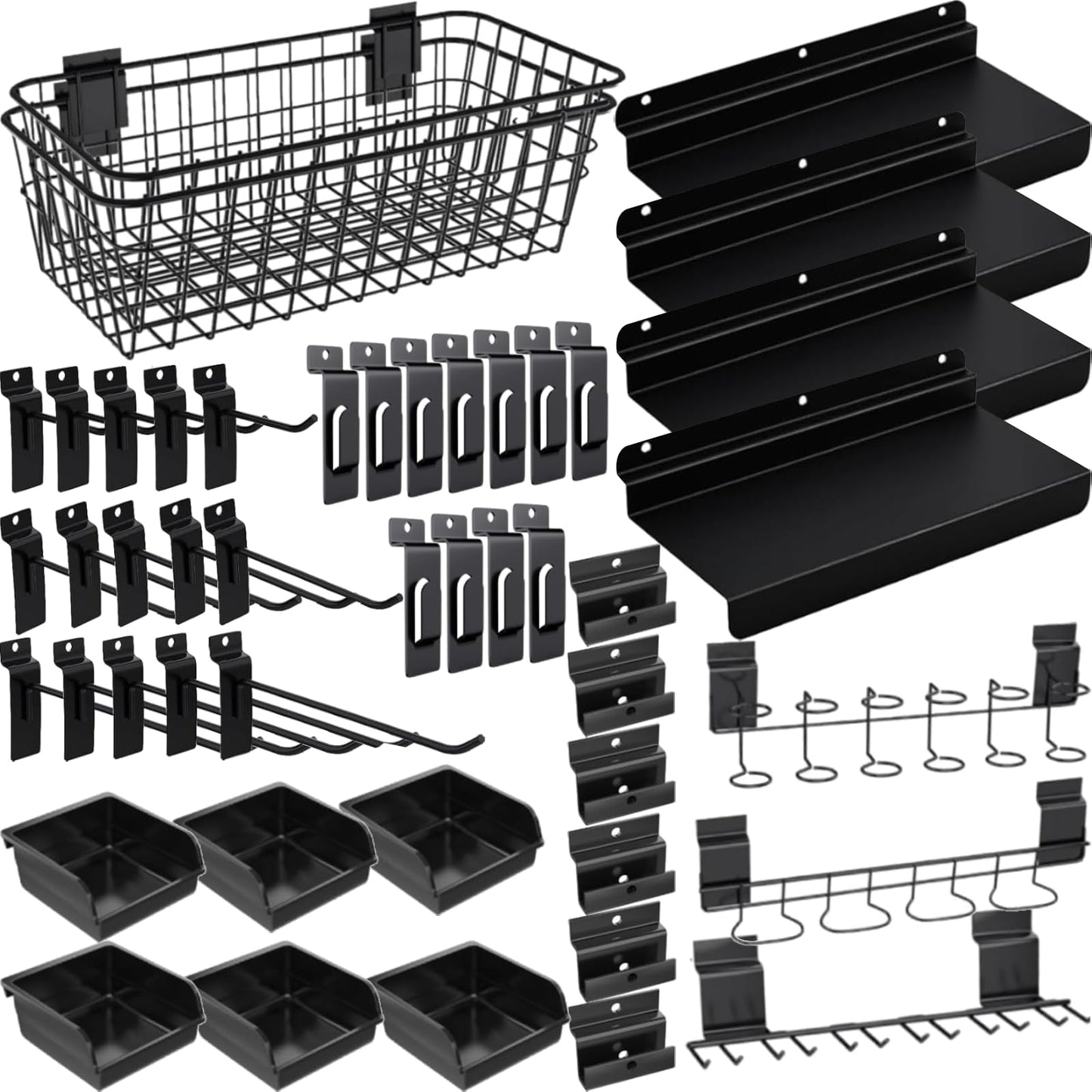 BeapTcely 40-Piece Slatwall Organizer Kit - Includes Hooks, Shelves, Baskets, Bins, Screwdriver Holder for Garage & Room Storage