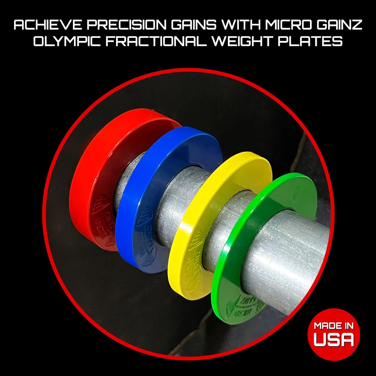 Micro Gainz Calibrated Fractional Weight Plates Set, 8 Piece Olympic Weight Plates Set with Bag, Designed for Olympic Barbells for Strength Training and Micro Loading, Made in USA (Multi-Color)