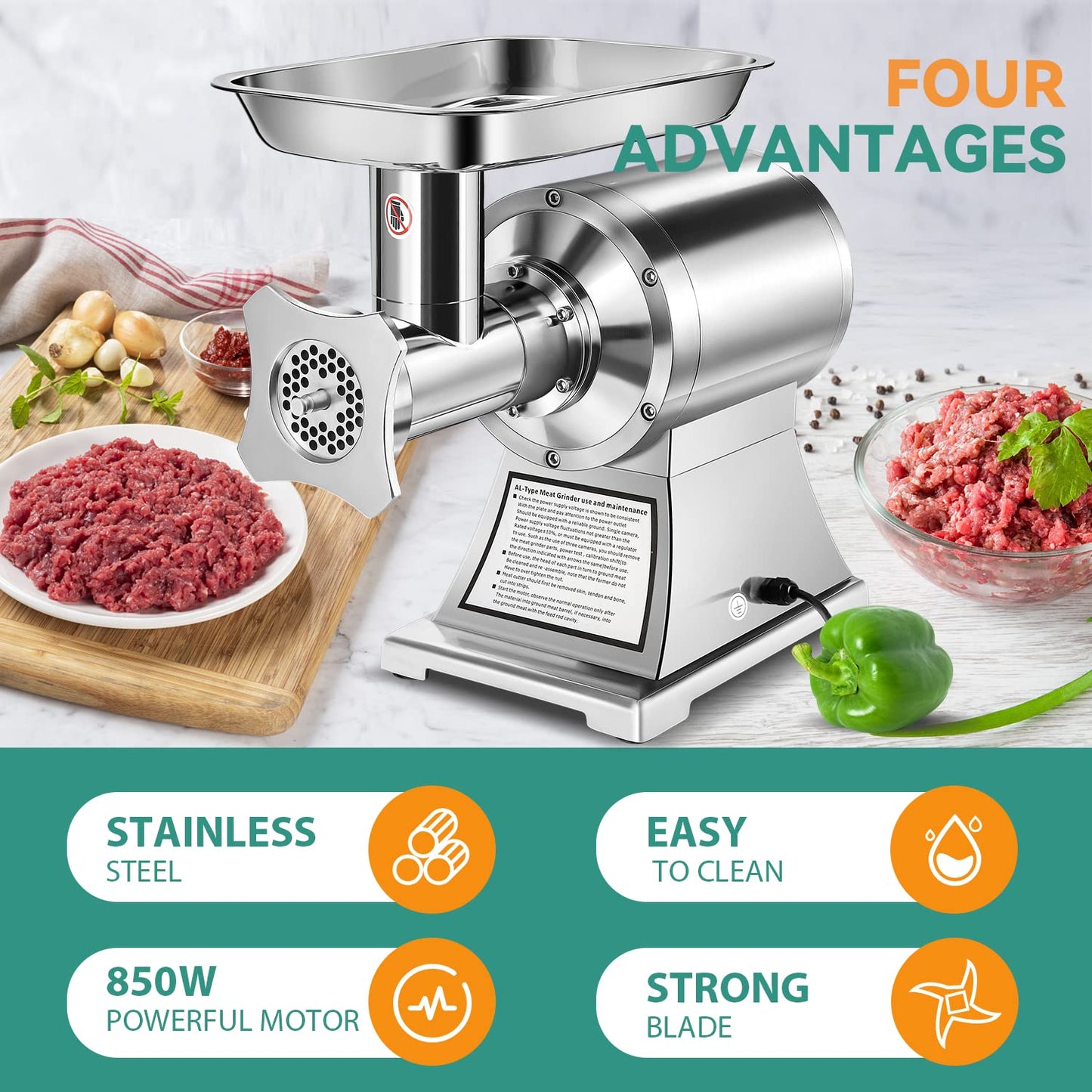 Newhai 650W Commercial Meat Grinder Electric Meat Grinding Machine Heavy Duty Industrial Meat Mincer Sausage Stuffer 6mm/8mm Plates Stuffing Tubes for Restaurant (110V US Plug)