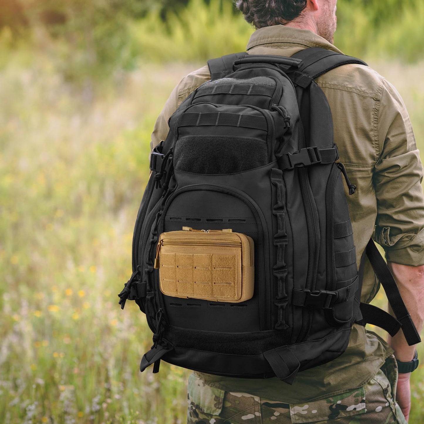 FRTKK Tactical Molle Admin Pouch Utility Laser Cut EDC Tool Pouch Bag Horizontal Modular Pouches Include US Flag Patch and Keychain (Tan)