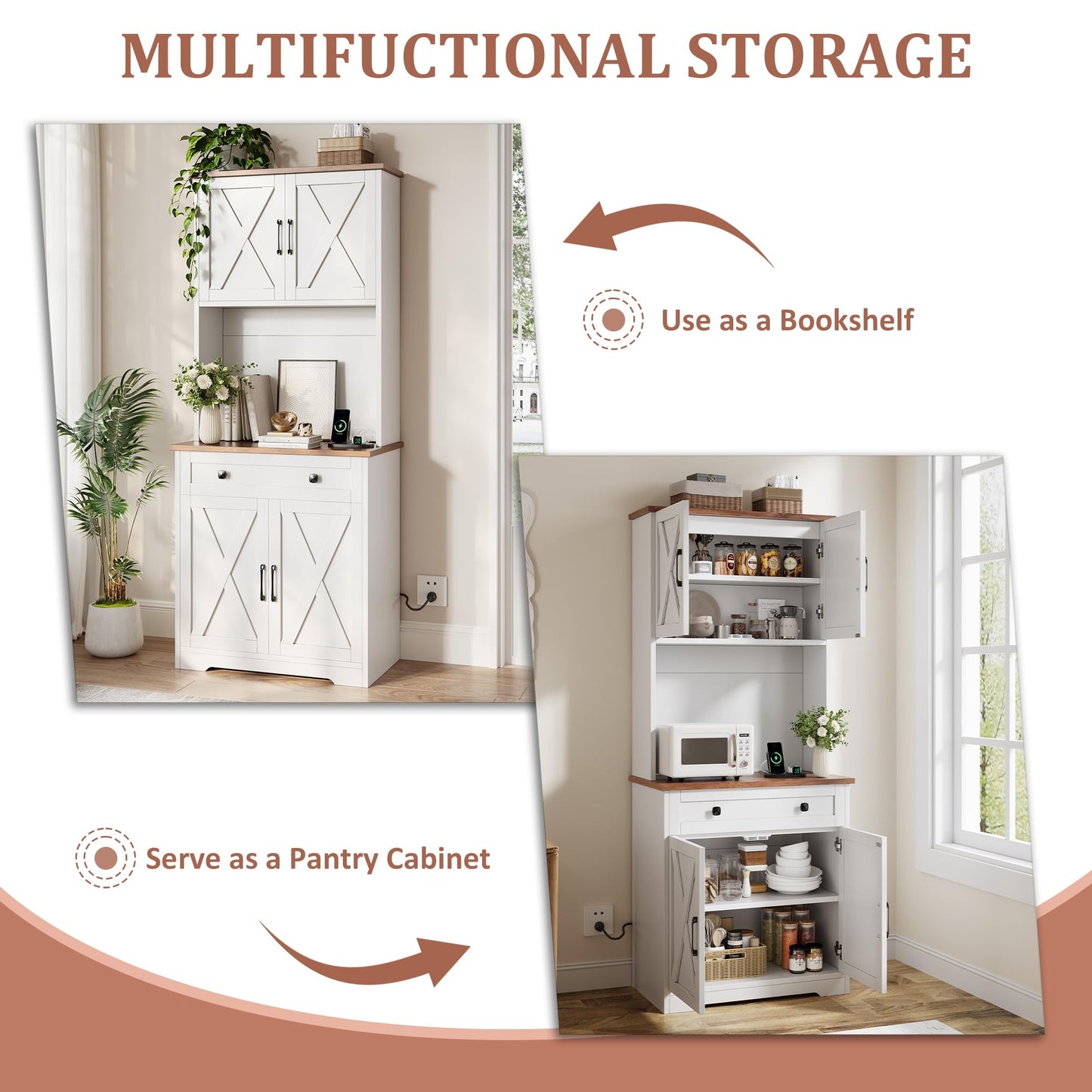 Garvee 71" Pantry Cabinet with Charging Station, Tall Kitchen Pantry Storage Cabinet with Microwave Stand, Large Farmhouse Kitchen Hutch with Cabinet Doors & Drawer for Living Room, Dining Room