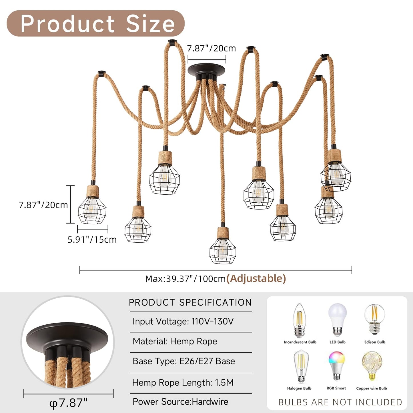 Hodevimall Spider Chandeliers, 8 Arms Industrial Spider Ceiling Light Fixture Hanging Hemp Rope DIY Adjustable 8-Light Steampunk Chandelier for Kitchen Island, Living Room, Entryway, Dining Room, Bar