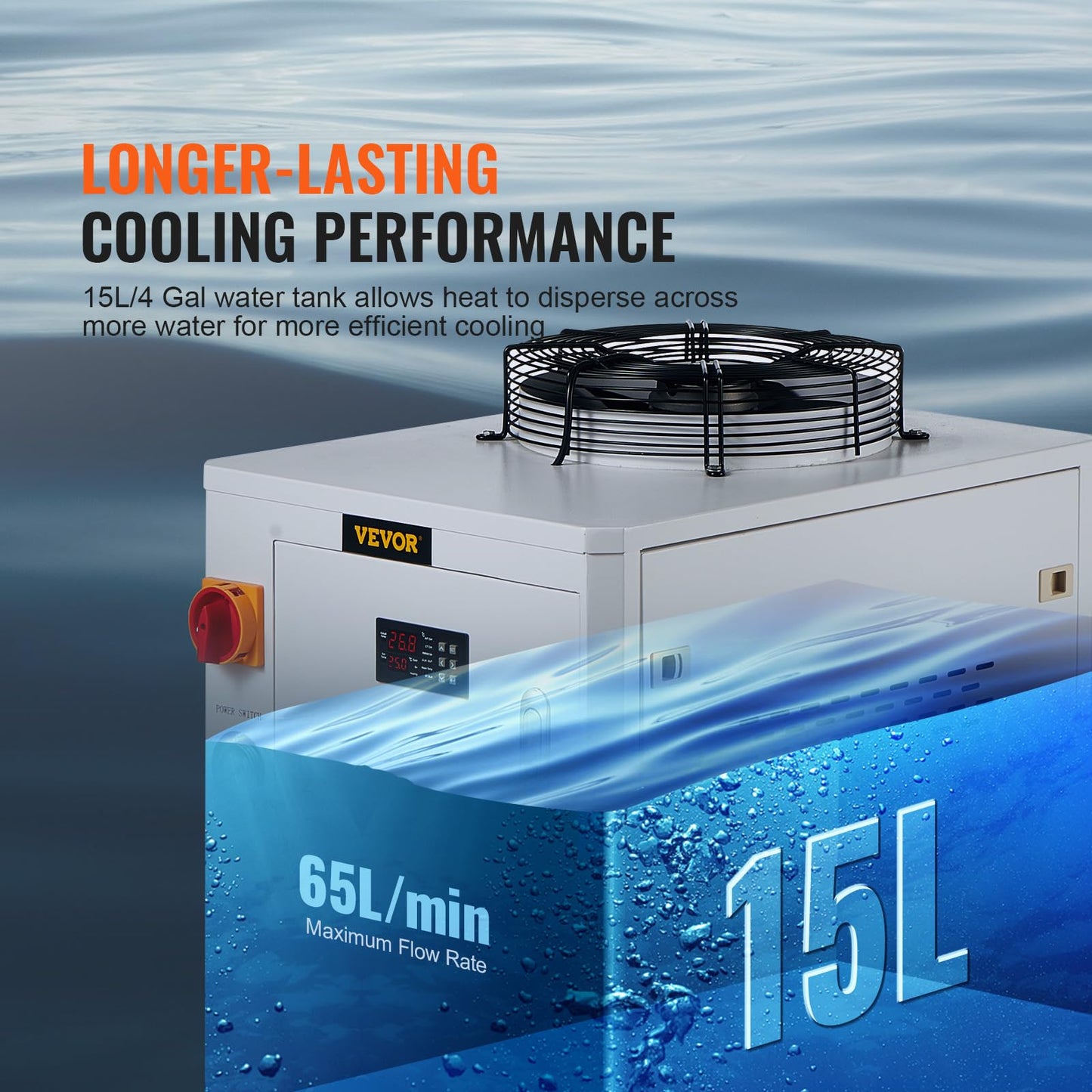 VEVOR Industrial Water Chiller, CW6000, Industrial Water Cooler Cooling System with Compressor 15L Water Tank Capacity 65 L/min Max Flow Rate, for 2 Sets of 300W CO2 Laser Engraving & Cutting Machine
