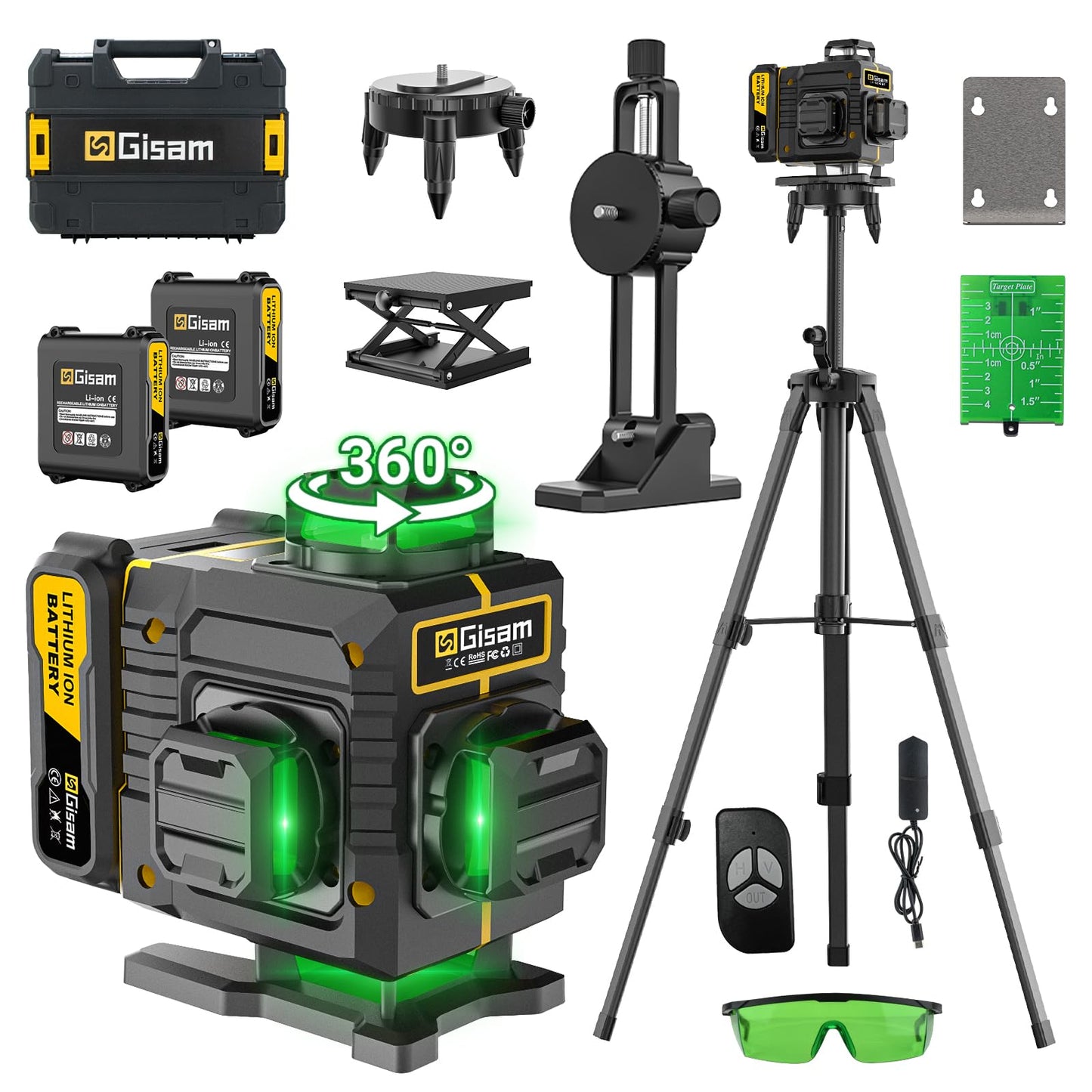 Gisam Laser Level with Tripod- 360° Rotating Window, Lazer Leveler Tool with Pulse Mode, 4D 16-Line Self Leveling Green Lazer Level with 2 * 4800mAh Batteries for Construction Tiling Home Renovation
