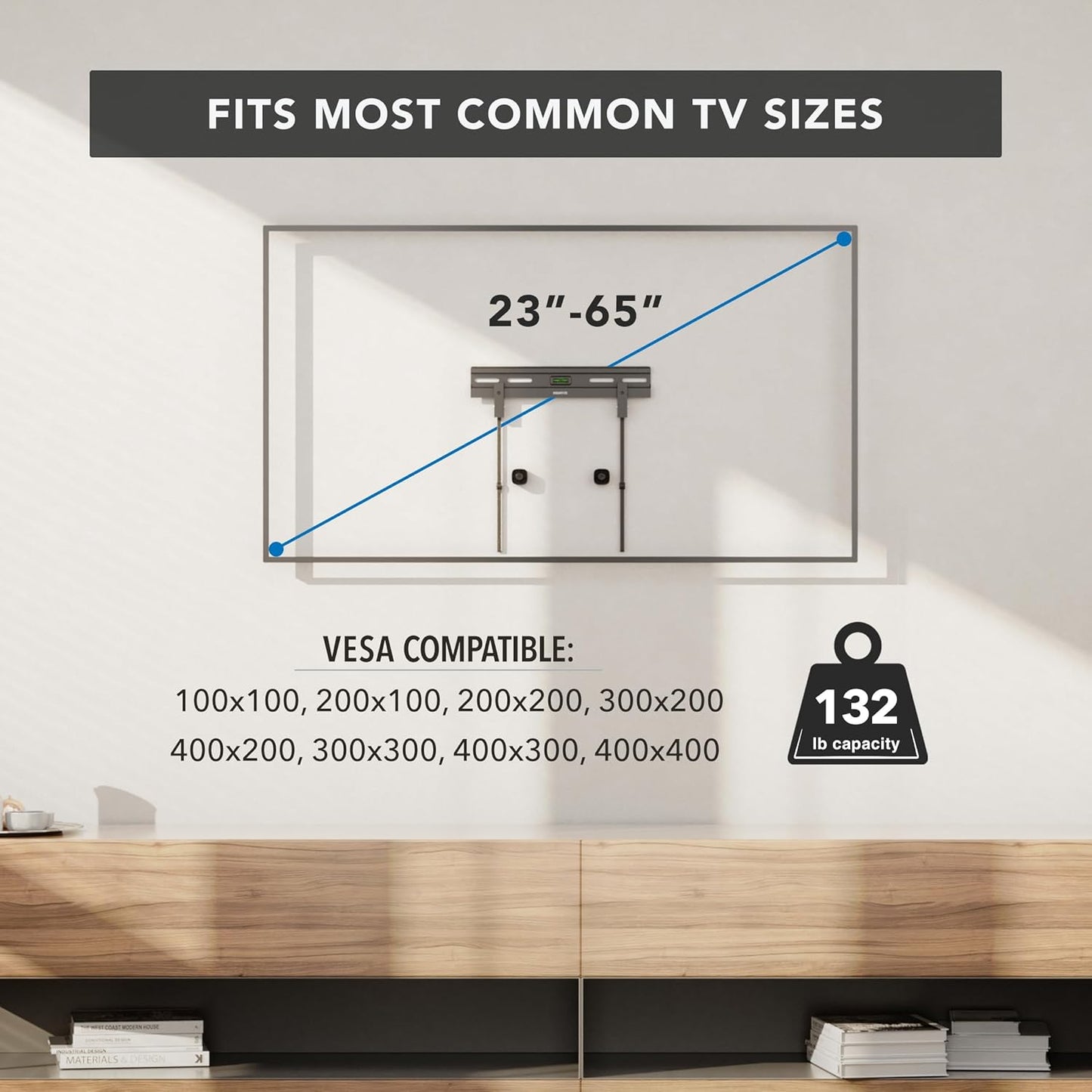 Mount-It! 2365 Inch 1.1 77 lbs/132 lbs, 100x100400x400 No Stud TV Wall Mount, Studless Drywall TV Bracket for Flat