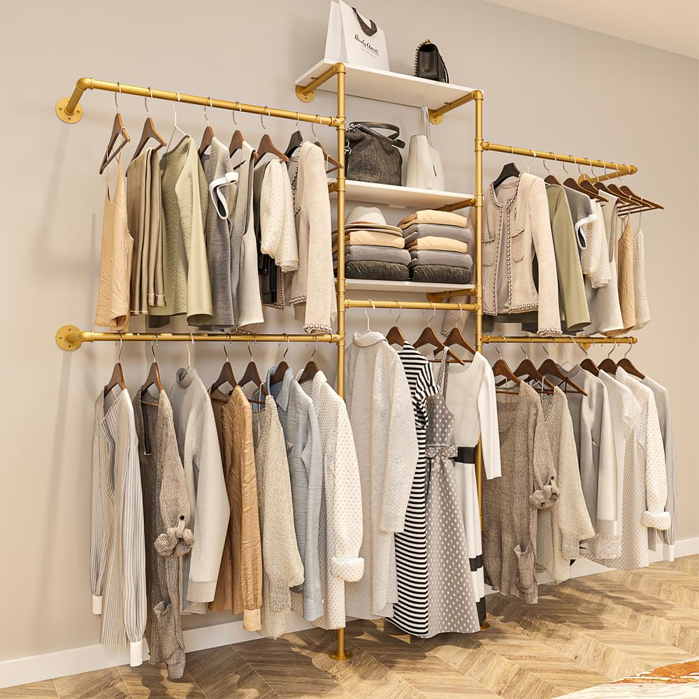 KaKaBB Heavy Duty Gold Pipe Clothing Rack - Wall Mounted Industrial Clothes Rack, DIY Corner Closet System with Shelves, Adjustable Walk-in Closet Organizer (GOLD, 94.5")