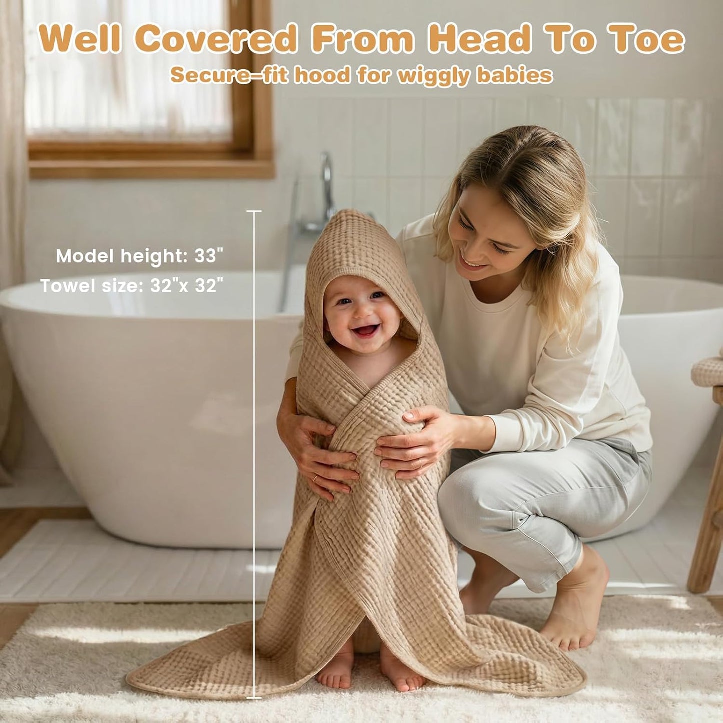 Skiennix Hooded Baby Bath Towels - 100% Muslin Cotton, Soft & Absorbent, 2 Pack, 32x32 Inch