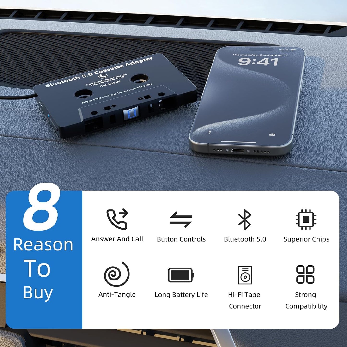 Mersoco Cassette 5.0 Cassette Car Bluetooth Reciver, Tape Player BT Aux Adapter with Hands-Free