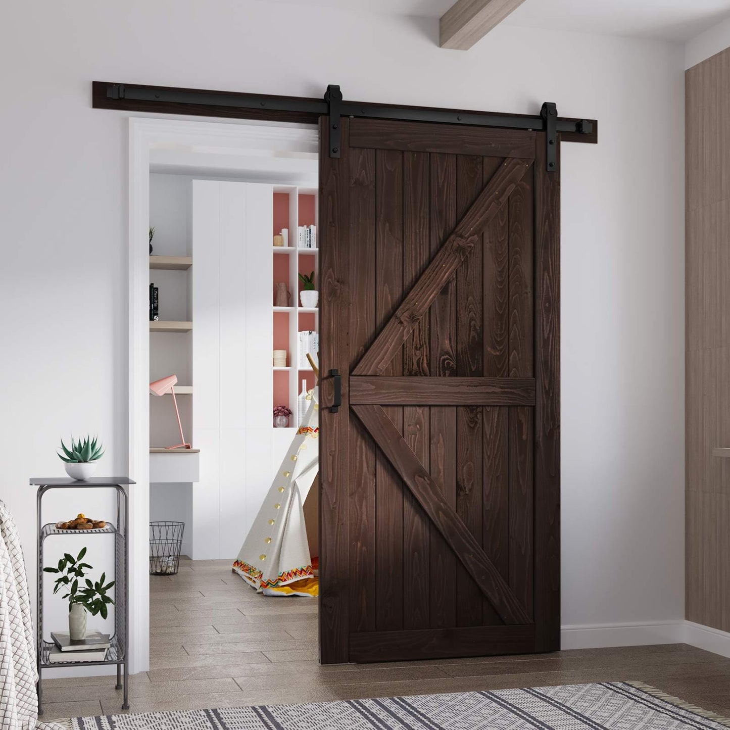 FREDBECK 42in x 84in Brown Barn Door with 7ft (84inch) Barn Door Hardware Track Kit and Handle Included, Double Surfaces,Simple Assembly is Required,K-Frame,Coffee