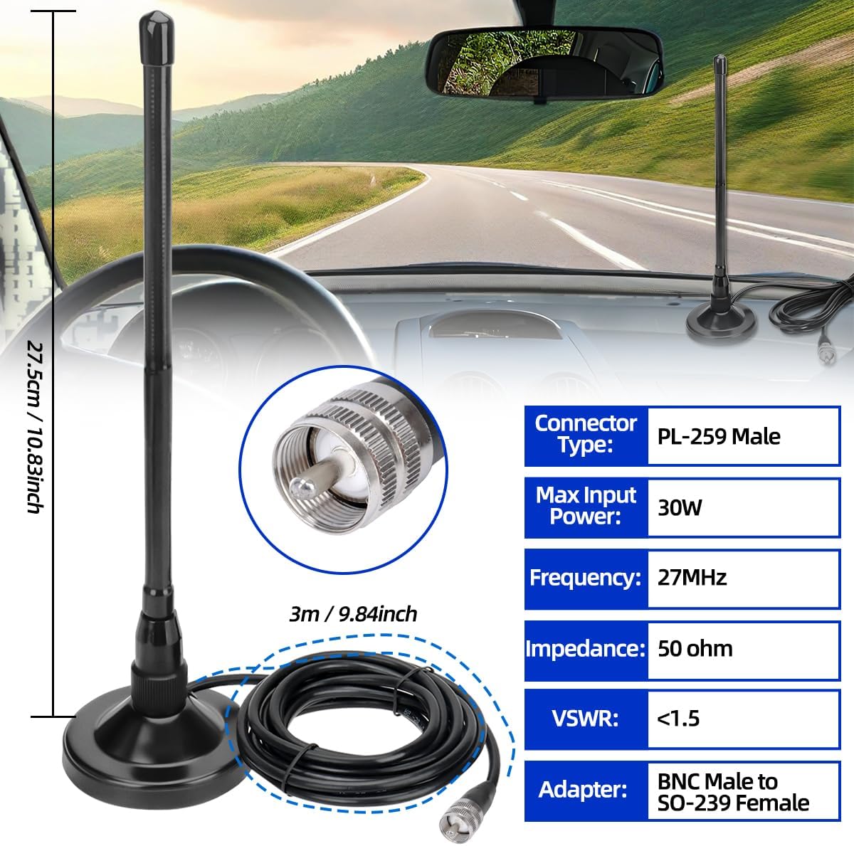 Arridioter 27MHz PL259 Connector,9.84ft RG58 CB Radio Antenna Magnetic Base Kit with BNC Coaxial Cable Compatible