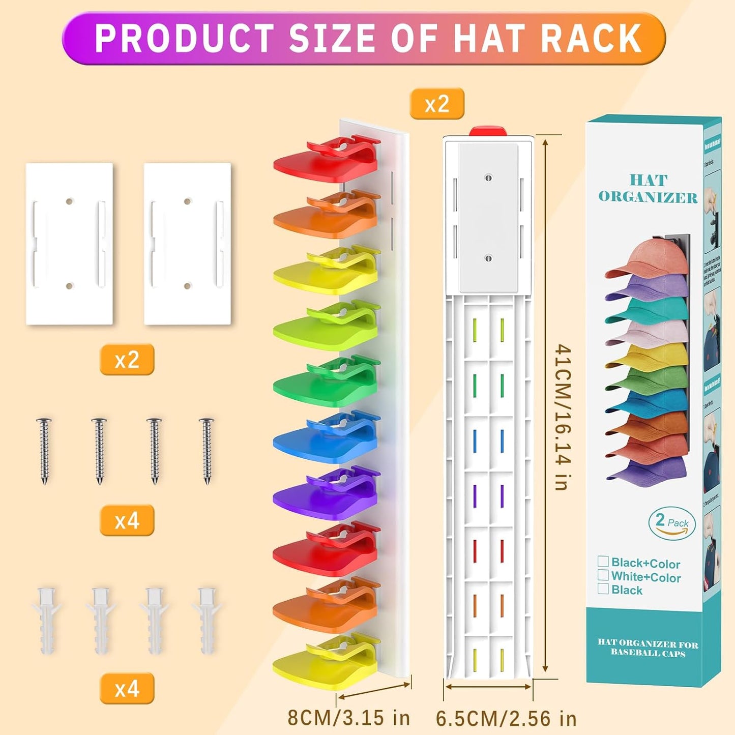 Volnamal Hat Organizer - 2 Pack Baseball Cap Rack Holds Up to 40 Hats | Space-Saving Wall Storage (White & Color)