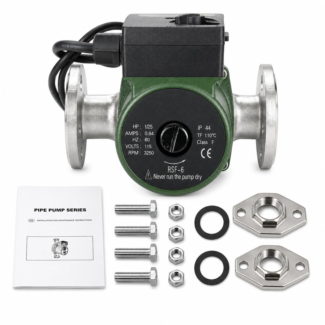 008-SF6 Hot Water Recirculation Pump 1/25 HP 115V 14 GPM 125 PSI 3250 RPM Flanged Stainless Steel Circulator Pump Compatible with Taco for Boiler Radiant Heating & Closed Loop System Replace 008SF6