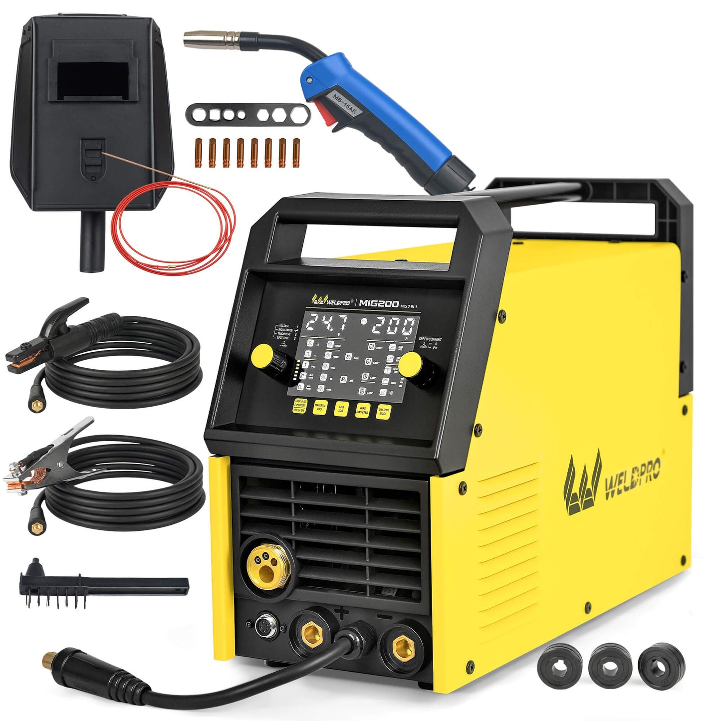 Weldpro MIG Welder, 200Amp 7-in-1 Gas MIG/Gasless Flux Core MIG/Synergic MIG/Lift TIG/MMA/Spot/Spool Gun Aluminum Multi process Welding Machine with Large LED Display, IGBT, 2T/4T, Save Job