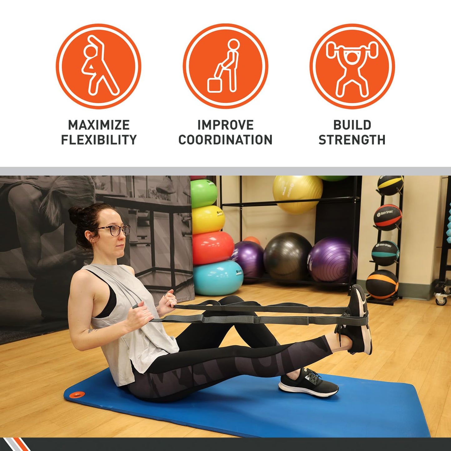 Body Sport Static Stretch Strap, 6 ft. Long - Durable Woven Tool for Home Fitness & Gym with Loops for Yoga, Stretching, Physical Therapy & Rehab