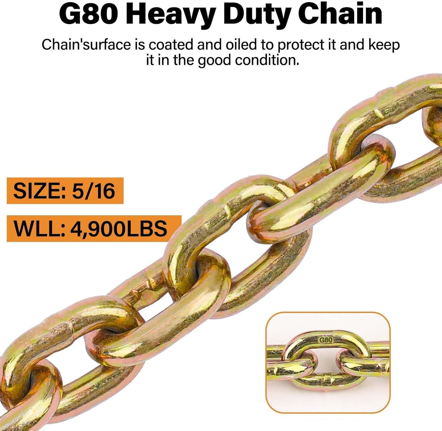 Lechansen 5/16"-3/8" Chain Binders Kit 4 Set, G80 Ratchet Load Binder 5/16 to 3/8 with G80 Transport Chain 5/16 Inch × 20 Feet, G80 Clevis Grab Hook, 5,400lbs Working Load Tie Down Kit for Towing