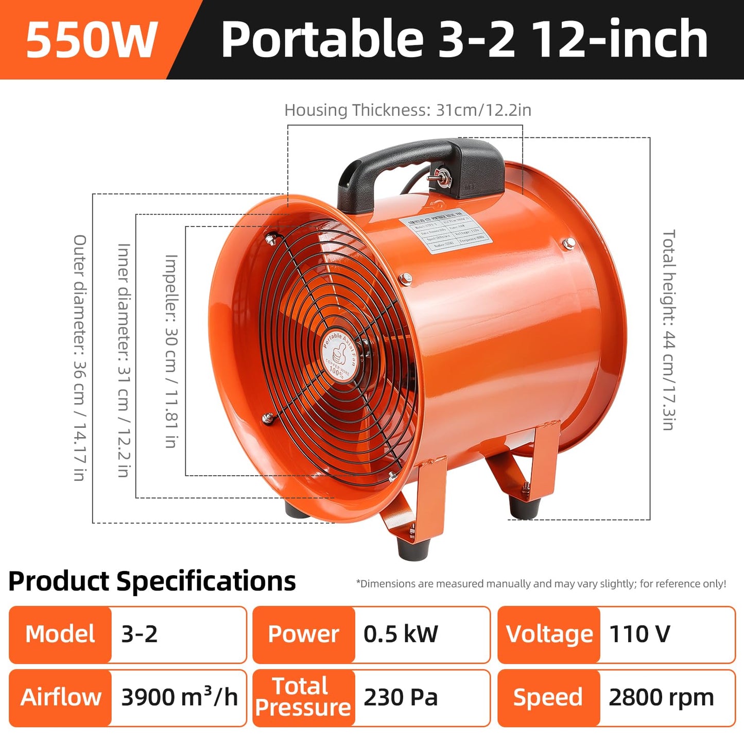 SZMiNiLED Portable Exhaust Blower Fan:12 inch Professional Industrial Exhaust Fan 3198CFM 585W Quiet Air Mover Portable Duct Ventilator for Utility Garage Commercial Basement Workshop Extractor Human