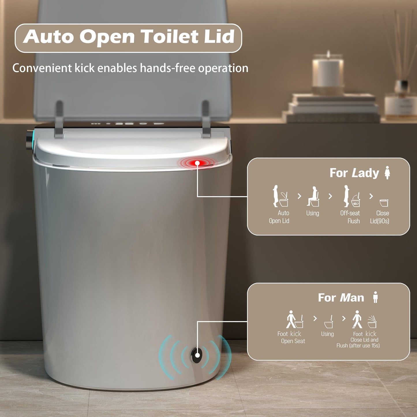 WinZo Smart Toilet with Bidet Built in, ADA One-Piece Toilet Auto Open/Close & Flush, Heated Seat, Front & Rear Wash, LED Display, Night Light, 12-inch Rough-in (Black)