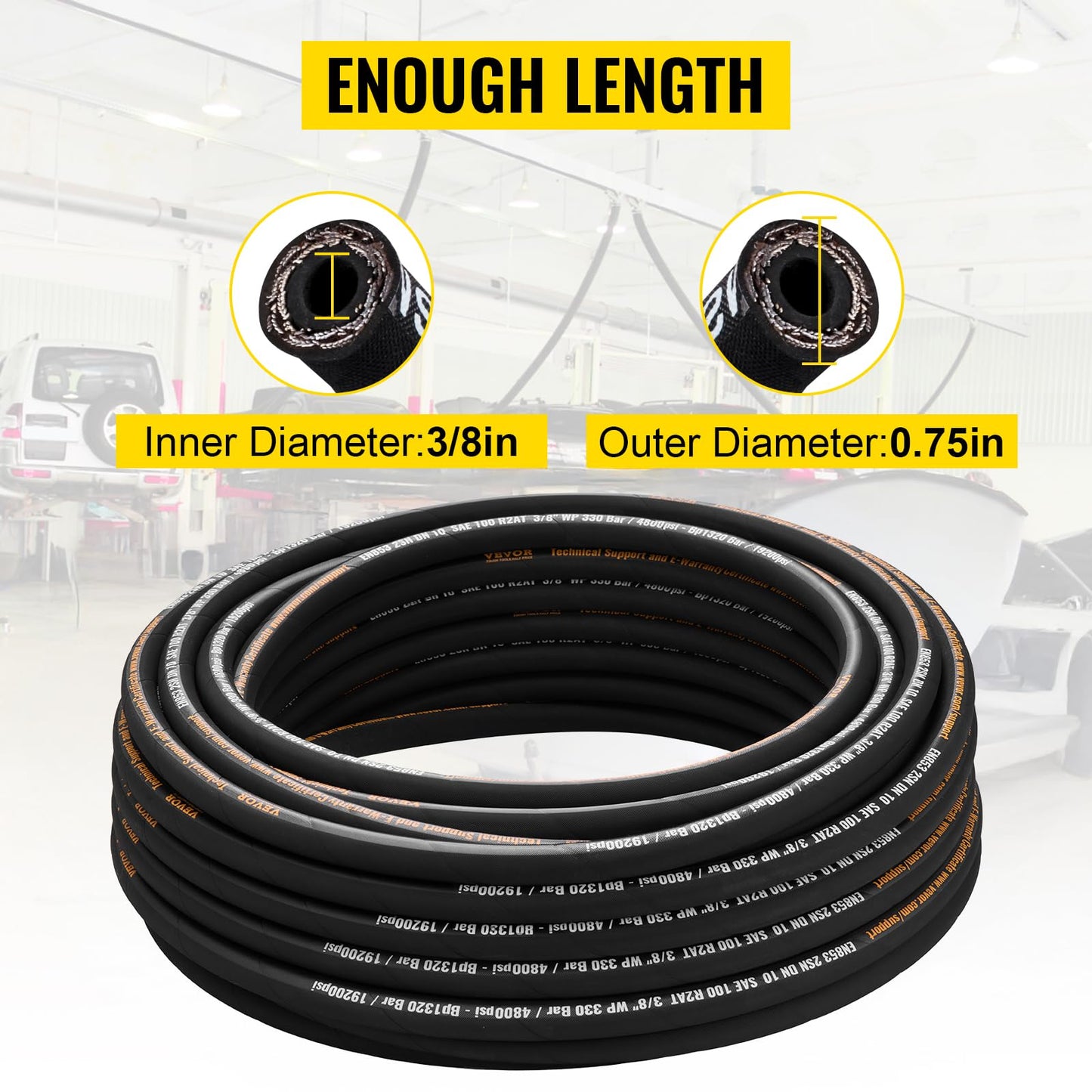 Hydraulic Hose 3/8 Inch x 100 Ft, 4800 PSI Coiled With 2 High-Tensile Steel Wire Braid, Bulk Rubber Flexible Oil Hose -20C to 140C