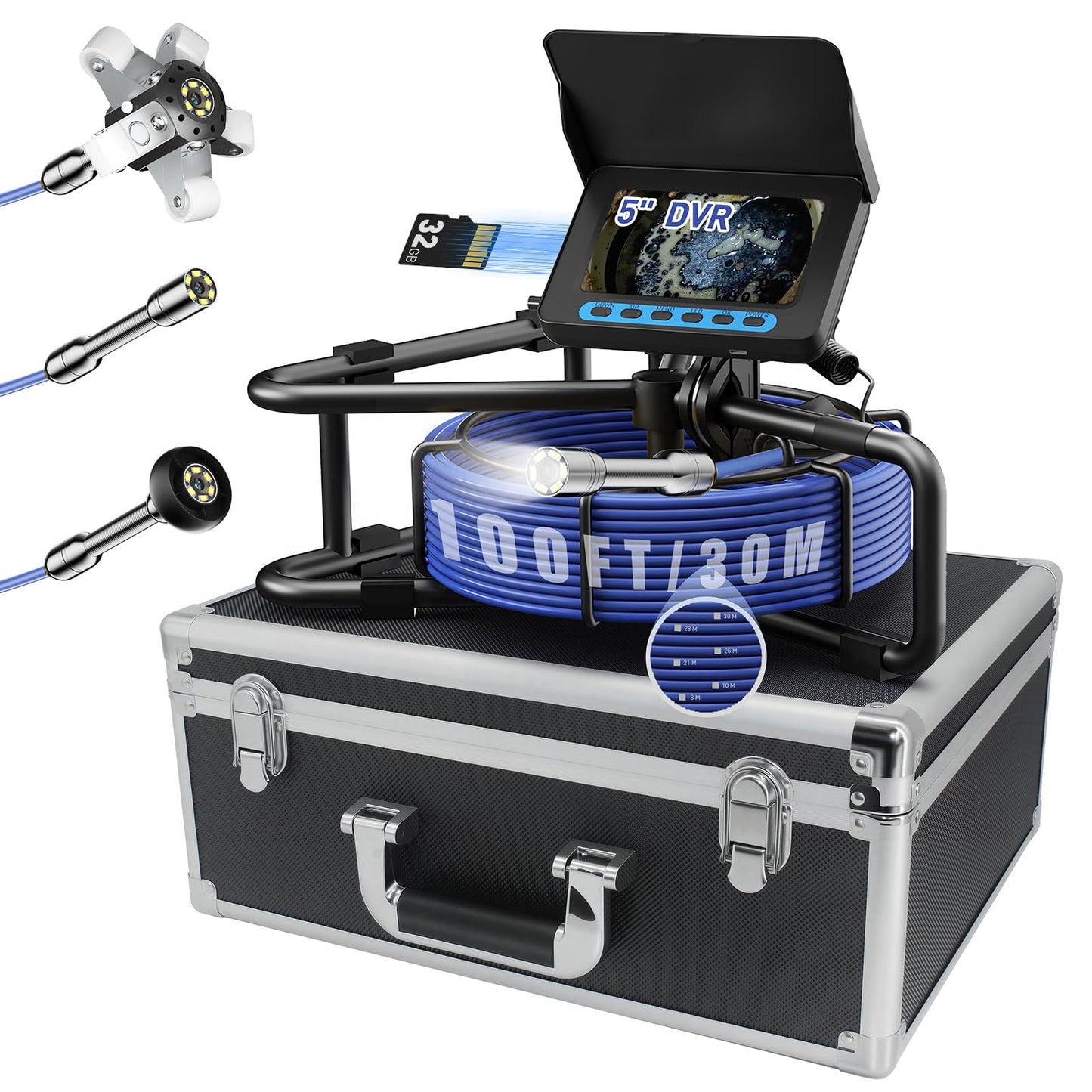 Sewer Camera 100FT/30M, Drain Camera with Light, Plumbing Snake Cam with DVR Pipe Video Inspection,5" Color HD Duct Chimney Sewer Inspection Cam for Sewer Line, Drain, Duct, Plumbing