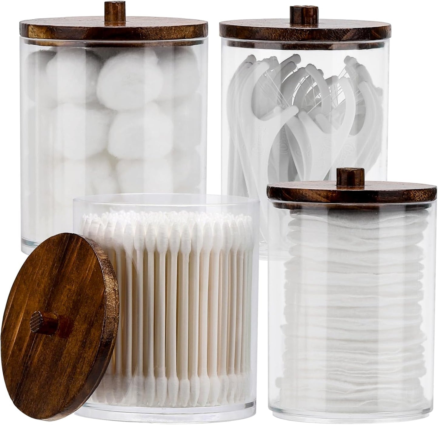 Tbestmax Qtip Holder Dispenser - 4 Pack Clear Plastic Apothecary Jars with Brown Wood Lids | 12oz & 10oz