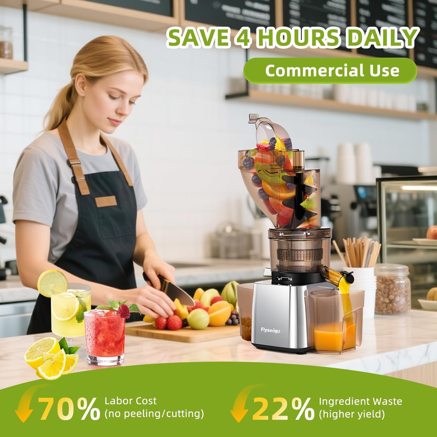 Flyseago Commercial 300W Cold Press Juicer Machines - Dual Outlet for Juice & Pulp, High Yield, Masticating Juicers, Heavy Duty Stainless Steel, Quiet Motor, Easy Clean for Restaurants, Bars