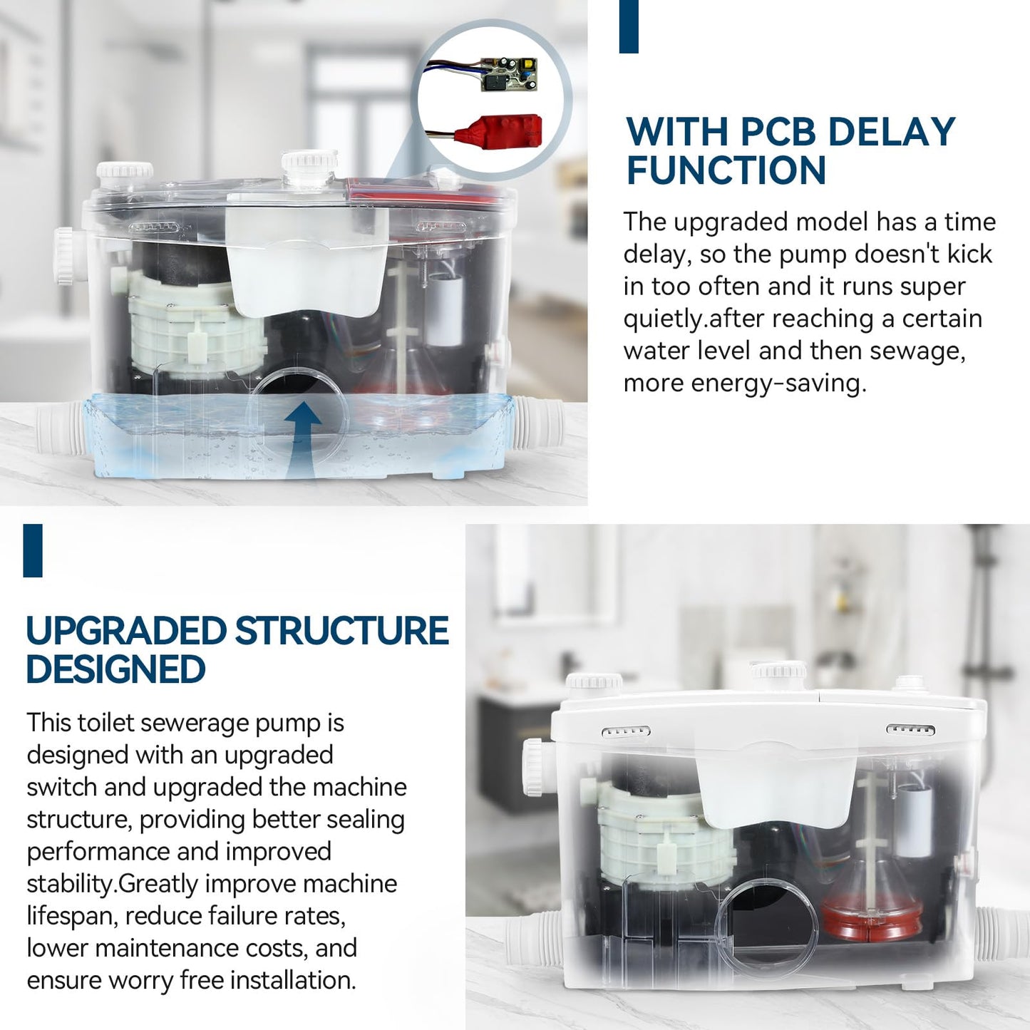 1500W Macerator Pump for Conventional Toilet with A Bottom Outlet Toilet Pump Upflush to 32.8FT 2800GPH Utility Sink Pump 4 Water Inlets 2 Outlets Macerating Toilet System for Toilet Shower Kitchen