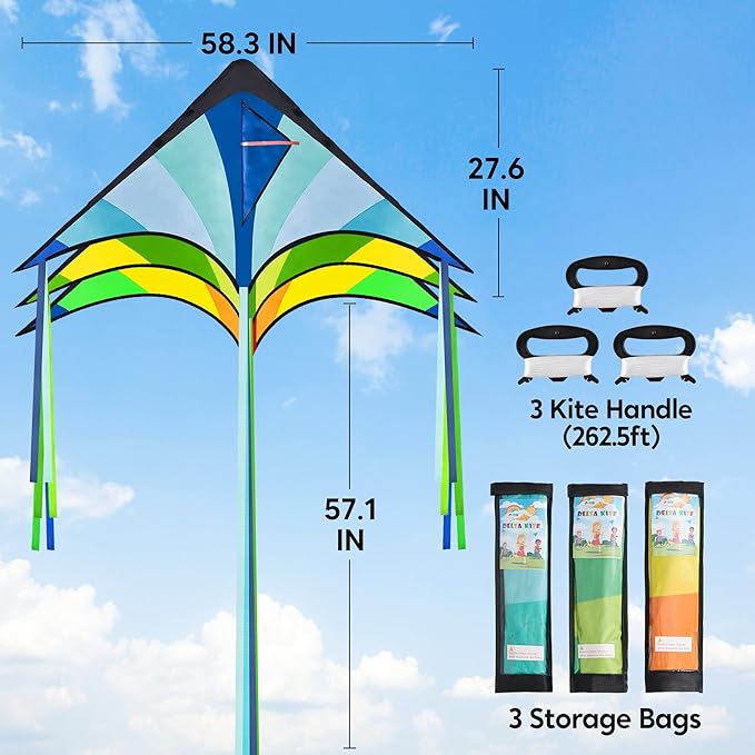 JOYIN 3 Packs Large Delta Kite Green, Blue and Rainbow, Easy to Fly for Kids with 262.5 ft String, Large Delta Beach Kite for Outdoor Games and Activities