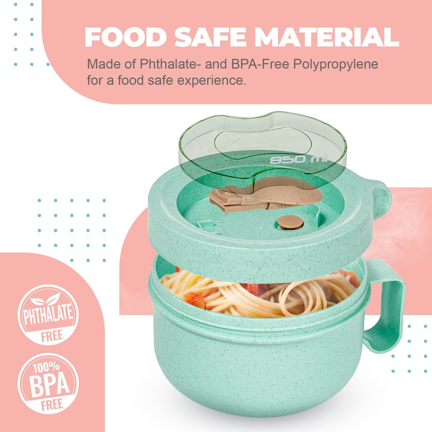 MATICAN Microwave Soup Bowl with Lid, 2-Pack Soup Mug with Lid, Microwave Containers for Ramen Noodles, Soup, Beverages, 28.74 Ounces, Mint, Eggshell White, Includes Spork