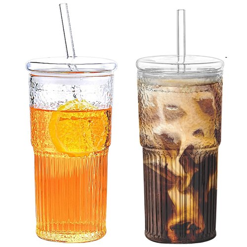 2PCS Glass Cups with Lids and Glass Straws, 20OZ Iced Coffee Cups, Home Essential and Coffee Bar Accessories Borosilicate Glass Tumblers with Lid and Straw for Beer, Cocktail, Tea and Latte, Clear