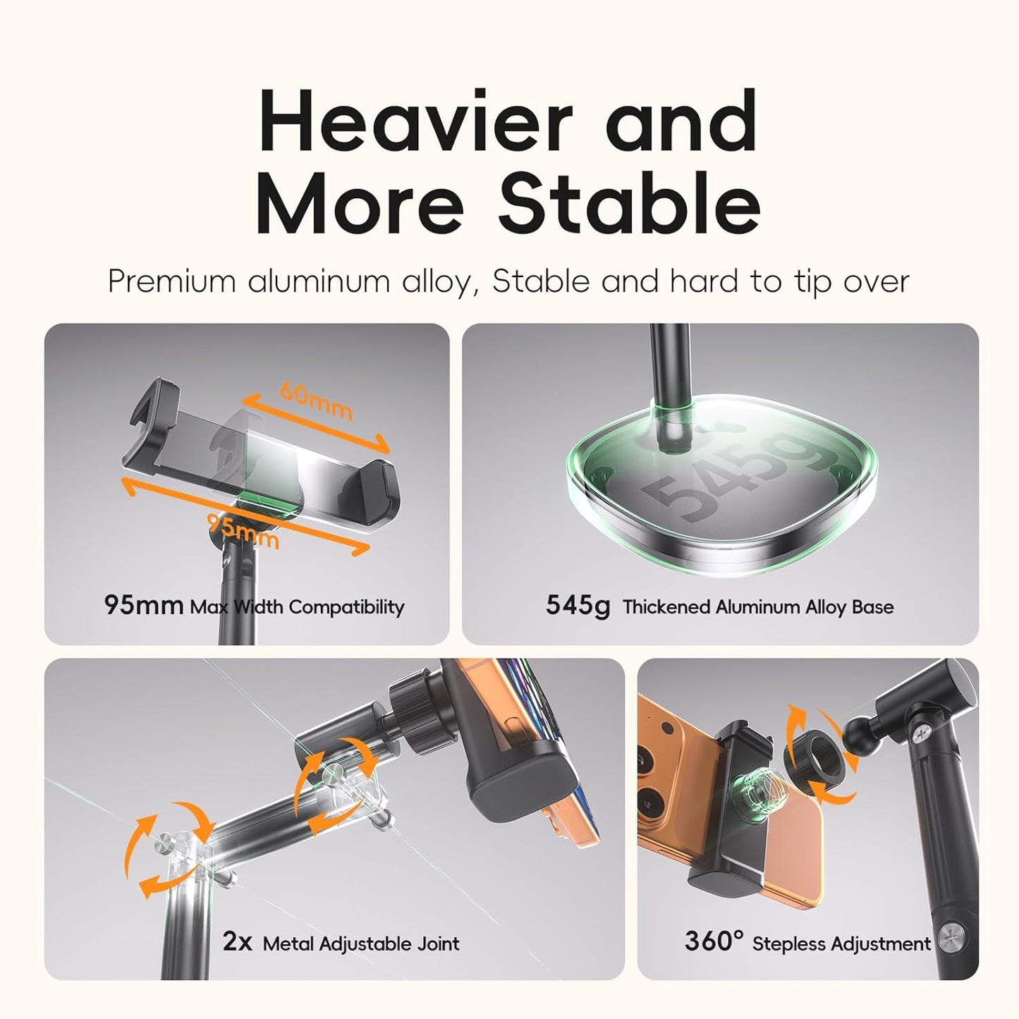 Bygital7 17/16/15 Cell Phone Stand for Desk, Adjustable Angles & Height, Aluminum Phone Holder for iPhone Pro Max Plus