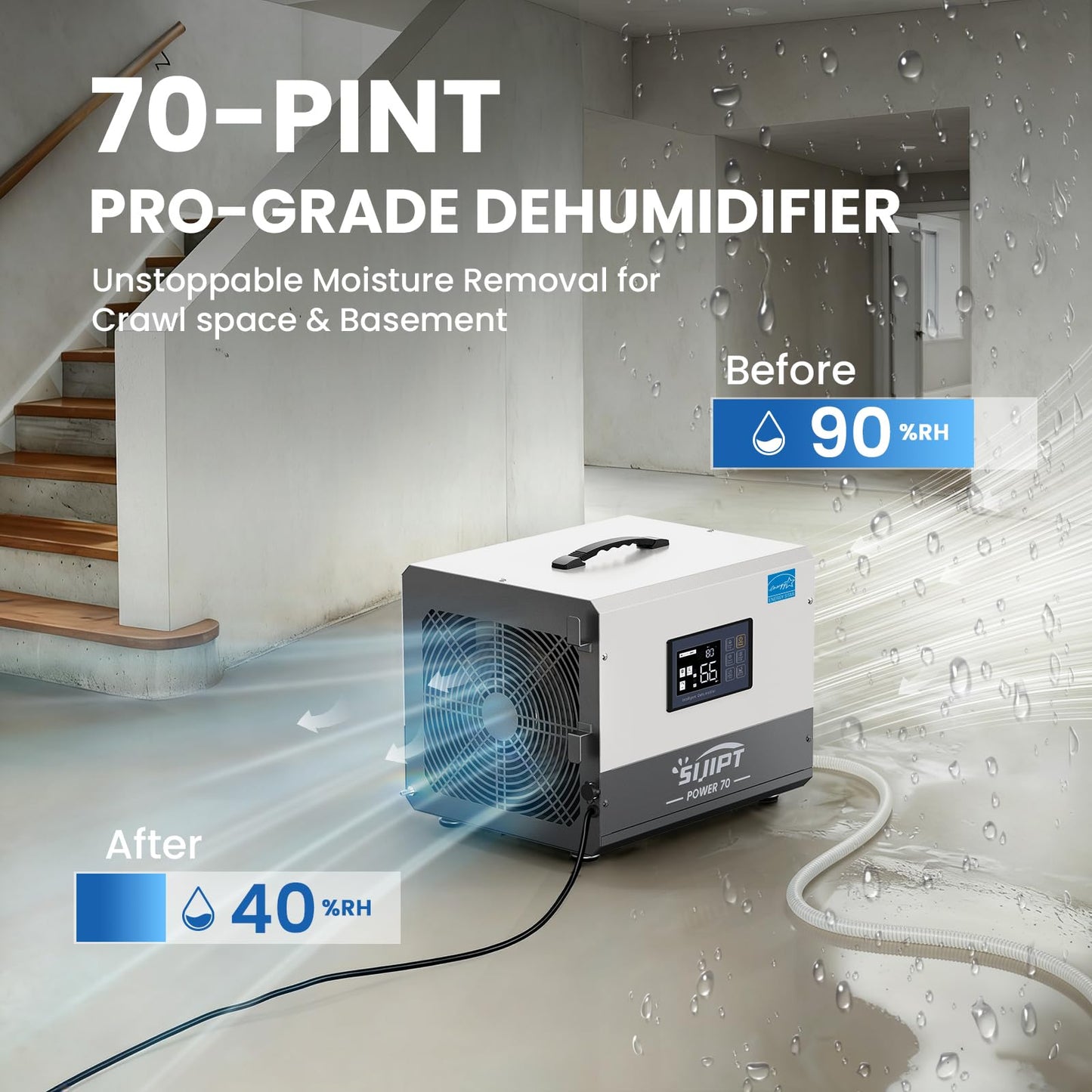 Crawl Space Dehumidifier with Pump, 70 Pints Energy Star Commercial Dehumidifiers for Basement and Home, Compact Dehumidifier for Spaces up to 1000 Sq Ft with Auto Defrost, Memory Starting