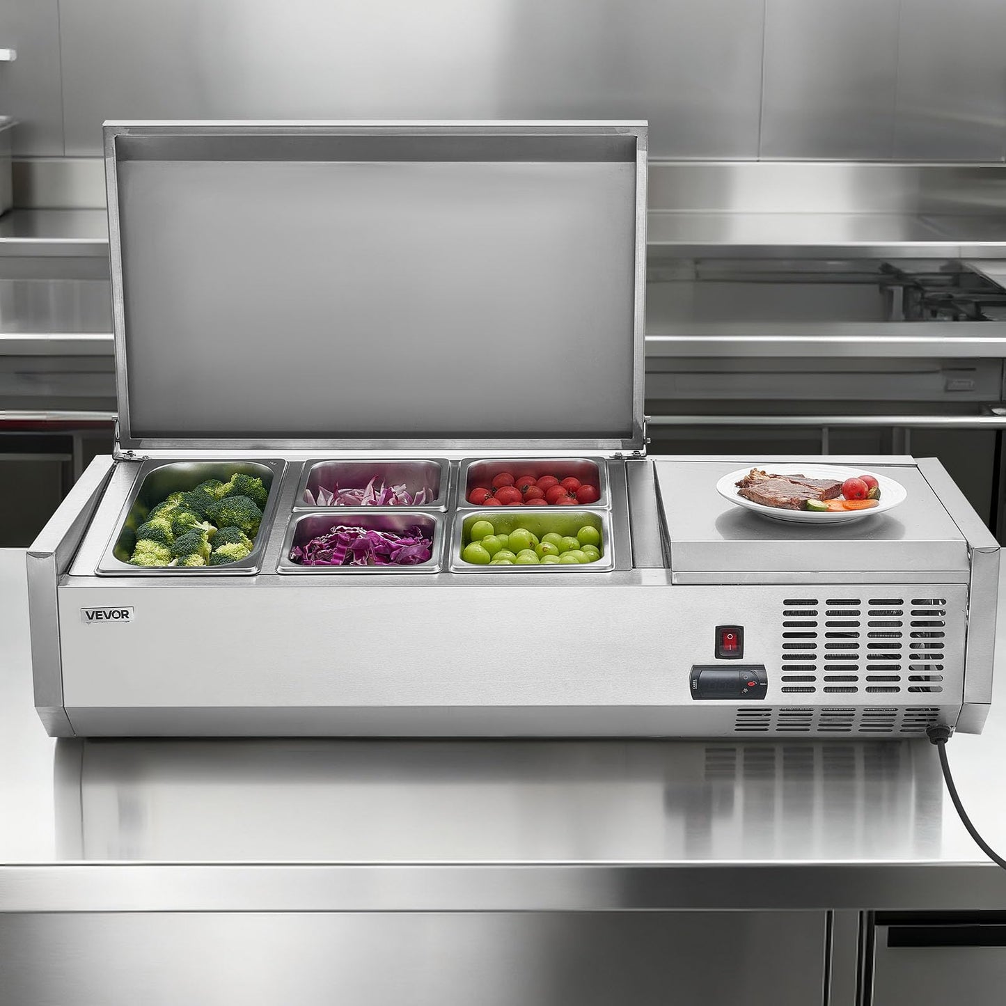 VEVOR Refrigerated Condiment Prep Station, 120 W Countertop Refrigerated Condiment Station, with One 1/3 Pan & Four 1/6 Pans, 304 Stainless Body and PC Lid, Sandwich Prep Table with Stainless Guard