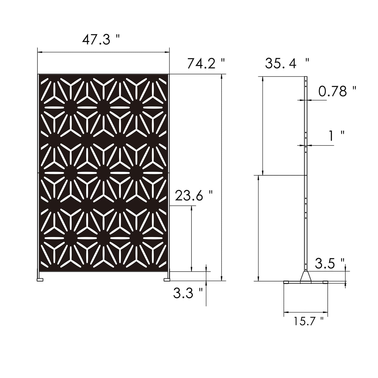 Kozyard Metal Privacy Screen 74" H x 47.2" W Decorative Outdoor Divider with Stand Panels Freestanding Screen Set for Deck Patio Balcony Garden Outdoor&Indoor(Black/Hexagonal Star)